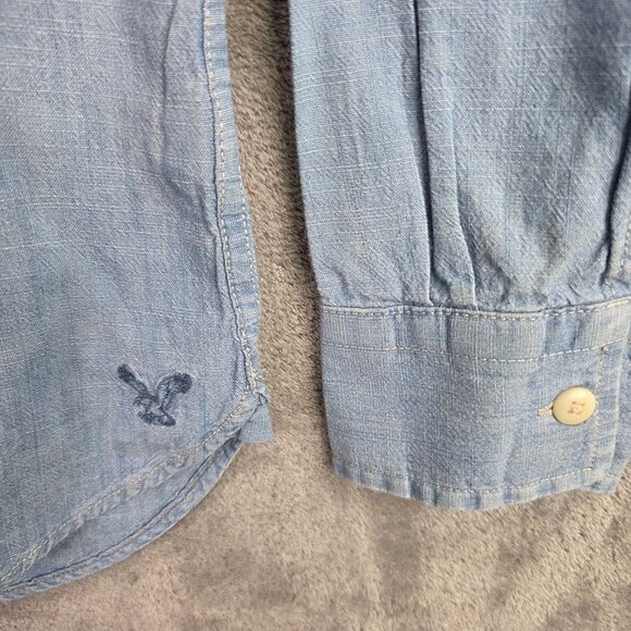 Mens American Eagle Prep Fit Blue Denim Shirt Button Up Long Sleeve Size L - Picture 2 of 9